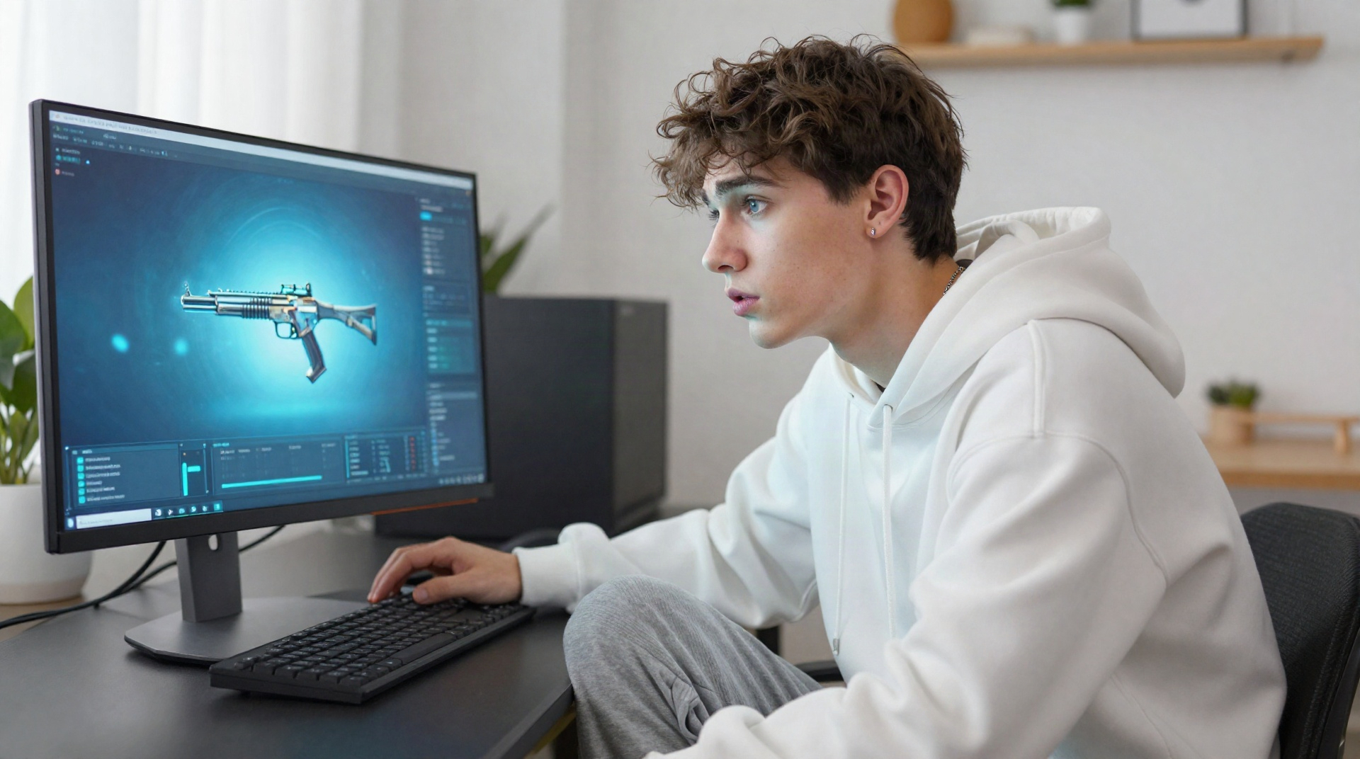Игрок с сосредоточенным выражением лица сидит перед монитором в темной комнате, освещенный синим светом экрана.