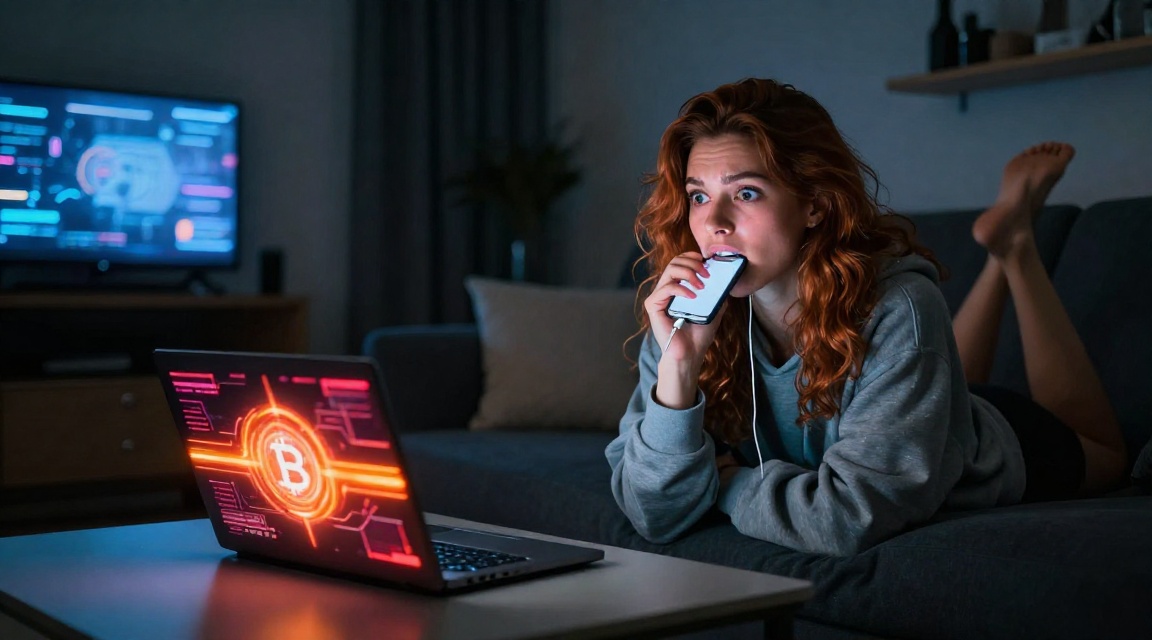Девушка с ноутбуком проверяет чистоту USDT транзакции, красно-оранжевое свечение экрана отражается на лице